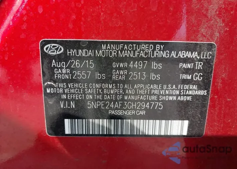 2016 Hyundai Sonata Se z USA, uszkodzony, nr VIN 5NPE24AF3GH294775